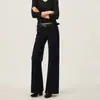 Jeans Flare Elegante de Cintura Alta para Mulheres, Cor Sólida Simples, Elástico, Slim Fit, Perna Larga, Calça Longa Preta Drapeada