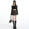 Calça Short Saia Feminina Vintage Hot Girl Cintura Alta Couro PU Outono 2026 Slim Fit Texturizado Linha A Colado ao Quadril