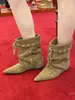 Versión de Piel de Vaca~Botas Vaqueras Occidentales de Punta Puntiaguda Plisadas de Nicho Botines para Mujer Otoño/Invierno Nuevos Caña Ancha Aumento de Altura Interior Botas Martin
