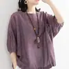 Nueva Camiseta Casual Suelta Talla Grande 2022 para Mujer, Manga Murciélago, Dobladillo con Cordón, Cuello Redondo, Manga Media, Top Pullover para Verano