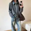 Suéter de punto de otoño para mujer, chic estilo coreano, con un ambiente sofisticado y relajado, con patchwork de mezclilla y un efecto adelgazante, diseño abierto por delante