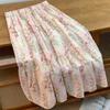 Falda Midi Floral Fresca Rosa-Verde Estilo Francés para Mujer, Nuevo Estilo Suave de Verano, Falda de Paraguas Estampada Adelgazante