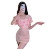 Fan Lei ropa interior sexy perspectiva sexy V profundo floral rosa gasa cintura alta cadera falda uniforme traje 893