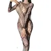 Body de Red Calada para Dormir de Manga Larga Ajustado Sexy Transparente Negro Ropa Interior sin Espalda de Malla para Mujer 1416