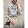 Nova Camisa Estilo Chinês com Botão, Gola Alta Vertical, Estampada, Manga Longa, Outono Novo, Elegante, Vintage, Jacquard, Top Estilo Chinês, Roupa Feminina