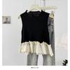 Design-Sense Renda com Costura Franzida Gola Redonda Regata Verão Novo Doce Ajustado Top Feminino