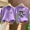 Camiseta de manga larga de algodón puro a rayas y retazos para niñas, nuevo estilo otoño 2026, corte holgado, adecuada para niños medianos y mayores, ropa de otoño, prenda interior para niñas