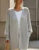 Cárdigan de punto hueco europeo y americano transfronterizo para mujer, longitud media, holgado, estilo casual, abrigo de otoño e invierno, color liso, casual