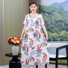 Mãe de meia-idade e idosa estampada de algodão vestido de seda verão mulheres de manga curta moda saia de algodão artificial com bolso