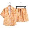 Camisa con Estampado Completo Vintage Gris Estilo Hong Kong Florales Traje Manga Corta Duffy Atractivo Conjunto Sedoso Deslizante con Caída Vestido de Pareja para Hombres y Mujeres