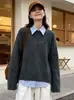 Suéter feminino de comércio exterior transfronteiriço, novo estilo outono e inverno, pulôver de caimento solto com barra fenda, suéter de tricô, top casual e versátil