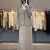 Cardigan de Malha Curto Gola V Novo Outono/Inverno 100% Lã Pura para Mulheres, Conjunto de Vestido Longo Bordado Solto Acima do Joelho