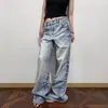 "Blade" Jeans de estilo high street americano, lavados, com bigodes, padrão de raio rasgado, corte solto reto com barra alargada, para homens e mulheres