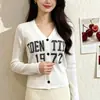 Cárdigan de punto estilo retro americano para mujer, primavera y otoño, jacquard de letras, suéter abrigo de manga larga adelgazante, blanco