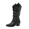 Nuevas Botas Vaqueras de Mujer para Otoño e Invierno con Punta Fina, Tacón Grueso, Diseño Plisado, Botas Vintage de Media Caña, Botas de Moda Versátiles para Mujer