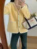 Nuevo cárdigan de punto patchwork estilo coreano elegante para otoño e invierno en colores caramelo, suéter holgado con cuello en V para mujer