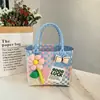 Nova bolsa de piquenique de primavera, bolsa de palha grande, esquema de cores rosa fofo, design xadrez color-block fresco e estiloso