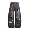 Jeans de Mezclilla Bordados Estilo Caricatura Americana para Hombre, Diseño de Marca de Moda, Pantalones de Pierna Ancha, Corte Holgado, Versátiles, Pantalones Largos hasta el Suelo, Transfronterizo