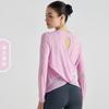 Blusa de Yoga Transpirable Holgada de Manga Larga Fina con Espalda Hueca y Dobladillo Cruzado Ropa de Yoga Verano Cuello Redondo Top de Fitness