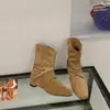 Botines de Mujer con Tacón Oculto Botas Adelgazantes 2026 Otoño/Invierno Nuevos Botas Apiladas Arrugadas de Punta Cuadrada Botas Vaqueras Occidentales de Ante