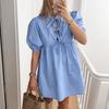 Vestido de Verano 2026 Versátil de Color Sólido con Cinturón y Corte A para Mujer Moda Manga Abullonada Vestido Corto Ropa Europea y Americana para Mujer