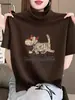 Camiseta feminina de algodão puro, manga curta, gola alta meia, escovada e espessa, branca, estilosa e versátil, top base para moda outonal
