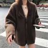 Abrigo Suéter de Mapache Marrón Terciopelo Primavera y Otoño Estilo Japonés Retro Estilo Holgado Perezoso Cárdigan de Punto de Longitud Media