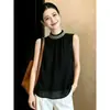 Top regata de chiffon sem mangas com decote halter, resistente, para tamanhos grandes, adornado com strass para mulheres, novo design de verão, corte solto, afina a silhueta e rejuvenesce