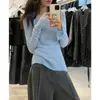 Camiseta Básica de Punto Negra con Cuello en U Grande para Mujer, Estilo Coreano Primavera y Otoño, Corte Ajustado, Suéter Top de Cuello Bajo
