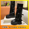Botas Altas de Pierna de Pantalón con Hebilla de Cinturón Pequeña Melange para Mujer 2026 Nuevo Estilo Primavera/Otoño Adelgazantes Versátiles de Moda Botas de Jinete