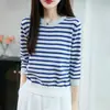 26 Novas Cores de Primavera e Verão Color-Blocking Algodão Puro Listrado Moda Jovem Tricô Manga Longa Gola Redonda Suéter Top Feminino