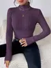 2023 Outono e Inverno Amazon Cross-Border Gola Alta Decote V Manga Longa Listras Caneladas Escovadas Camiseta de Tricô Top