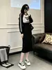 Vestido suéter falso de duas peças para mulheres, popular na primavera e no outono, estiloso e emagrecedor, de comprimento médio, casual, acima do joelho