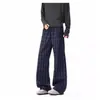 Pantalones a Cuadros Azul Oscuro Retro Americano para Hombre Corte Limpio Casual Micro Acampanados Primavera Alta Calle Pantalones de Pierna Recta Extendida