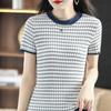 Camiseta de Algodão de Manga Curta Primavera e Verão 2024 Nova Moda Estilo Ocidental Listras Onduladas Combinação de Cores Algodão Linho Manga Meia-manga Top Feminino