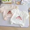 Camiseta de Manga Curta para Meninas 2026 Novo Estilo Bebê Algodão Puro Gola de Renda Top Menina Pequena Estampa de Desenho Fofo Roupa de Verão 3