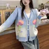 Cardigan de punto con flores tridimensionales y lazo, estilo coreano, otoño nuevo, holgado, perezoso, color de contraste, abrigo superior, suéter para mujer