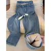 Jeans gruesos con forro polar para mujer de talla grande para invierno, adecuados para cuerpo tipo pera, corte holgado, tiro alto, adelgazantes, pierna recta, pierna ancha