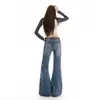Jeans flare azul retrô de cintura baixa para mulheres, estilo americano, não apertado, elástico, calça boca de sino de perna reta