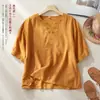Blusa de algodón y lino bordada estilo étnico, cuello en V, nueva camisa 2026, blusa de verano artística de corte holgado estilo chino con botones