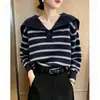 Otoño Invierno Tallas Grandes Tejido de Punto Rayado Cuello Azul Top Elegante de Mujer de Alta Gama Holgado Adelgazante Manga Larga Solapa Suéter