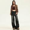 Jeans Preto Retro Americano 2024 com Efeito Ondulado para Mulheres Calças de Perna Larga Femininas Soltas Jeans Reto Versátil