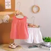Conjunto de Roupa de Verão para Meninas, Novo Conjunto Elegante de Duas Peças Sem Manga Xadrez para Bebês, Verão 2025, Atacado