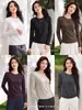 Camiseta de manga larga de muselina de bambú para mujer, alta elasticidad, top adelgazante, adecuada para usar en capas, camiseta base de color liso versátil para otoño