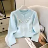 Cárdigan de punto suave floral tridimensional de estilo coreano para mujer, dulce cárdigan de punto con cuello redondo, blanco, talla única
