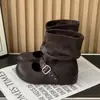 Botas slip-on de cano médio estilo coreano para mulheres, novidade outono 2026, botas curtas com fivela de cinto, sola grossa, bico redondo, botas fashion slip-on