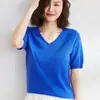 Suéter de Punto para Mujer 2025 Primavera Nuevo Estilo Ajustado Cuello en V Color Sólido Manga Corta Top Delgado Lana Merino Manga Corta