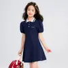 Vestido de Verão Feminino Estilo College, Novo Vestido Princesa da Moda Coreana com Gola Polo e Mangas Bufantes para Crianças Maiores