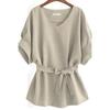 Camisa de Mujer Otoño Temprano 2026 Estilo Europeo y Americano Camisa de Manga Corta con Cuello en V Manga Murciélago Talla Grande Cintura Ajustable Top de Algodón y Lino