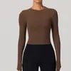 Camiseta deportiva ajustada estilo europeo y americano, de manga larga, cuello redondo, secado rápido, camiseta base para yoga, top de running fitness para Pilates